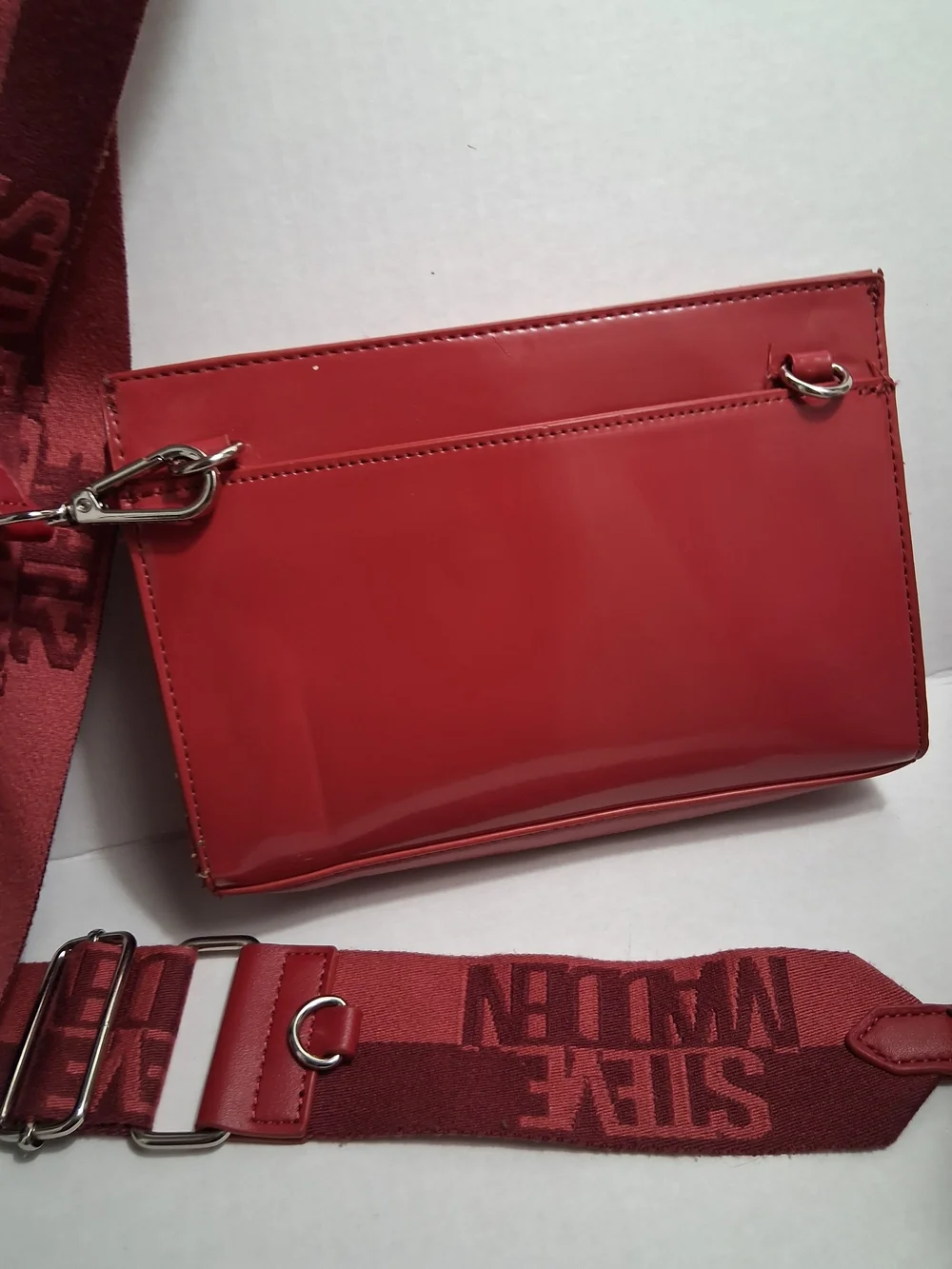SM Logo Red Patent Messenger Bag with Branded Strap